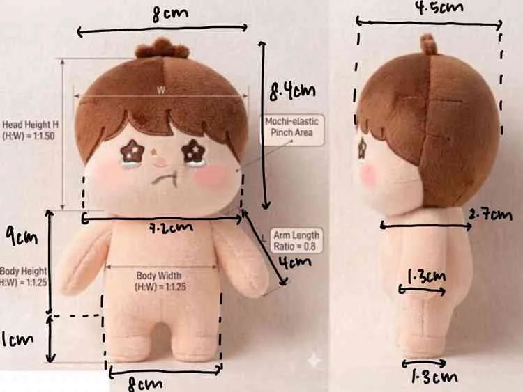 Human character plush with proportion and size annotations